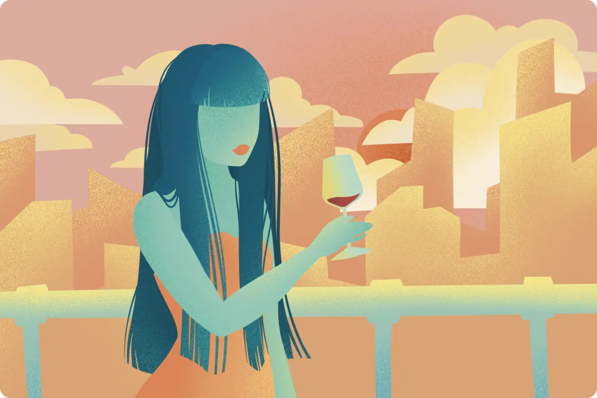 Illustration of a woman holding a glass of wine against a warm city skyline.